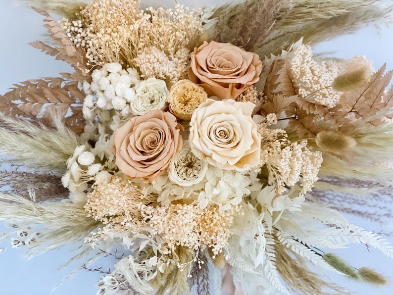 Toffee , Peach Blush Rose Bouquet/ Bride and Bridesmaids/ Dried Flower Bouquet/ Wedding Flowers image 1