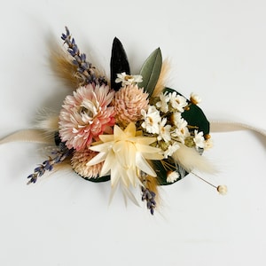 Blush, Cream, Wildflower + Greenery Strawflower Corsage/ Wedding Flowers/ Dried Flowers