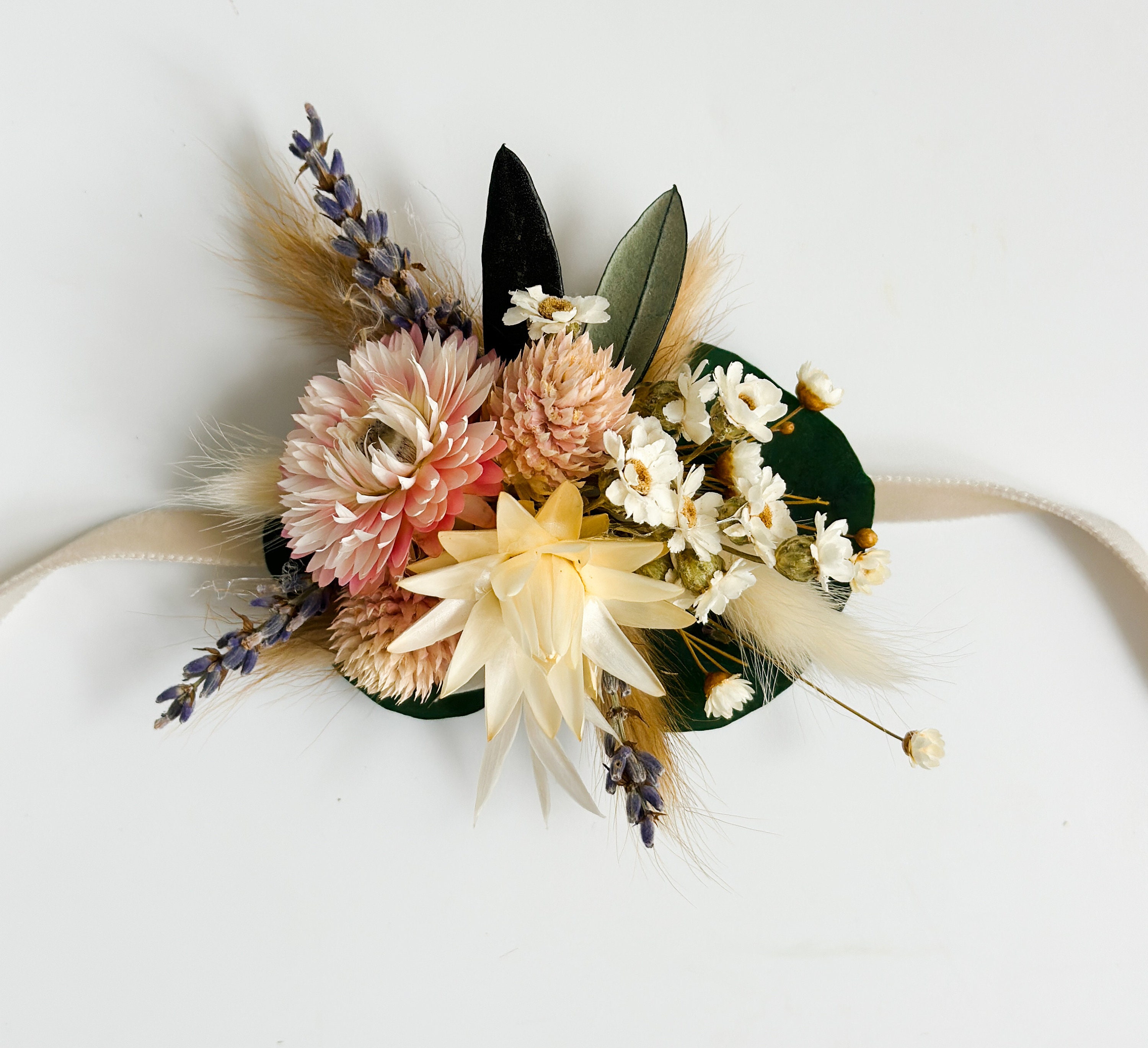 Blush, Cream, Wildflower + Greenery Strawflower Corsage/ Wedding Flowers/ Dried Flowers
