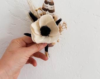 Black, Tan and White Anemone Dried Flower Boutonniere/ Wedding Flowers/ Groom and Groomsmen