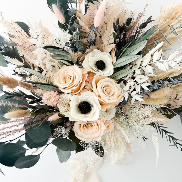 Blush Rose, Black and White Anemone + Greenery Dried Floral Bouquet/ Wedding Flowers/ Bride and Bridesmaids Bouquets