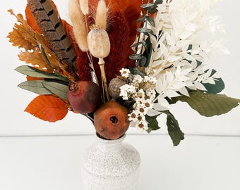 Fall Leaf and Pheasant Feather Dried Flower Bud Vase Centerpiece