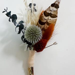 Dusty Blue + Rust and Pheasant Feather  Boutonniere/ Wedding Flowers/ Groom and Groomsmen