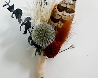 Dusty Blue + Rust and Pheasant Feather  Boutonniere/ Wedding Flowers/ Groom and Groomsmen