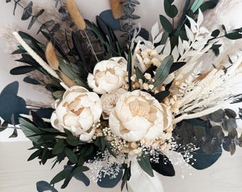 Dried Flower Bouquet: Sola Wood Peony, Greenery, Pampas Grass/ Bride and Bridesmaids/Wedding Flowers/  Keepsake Wedding Bouquet