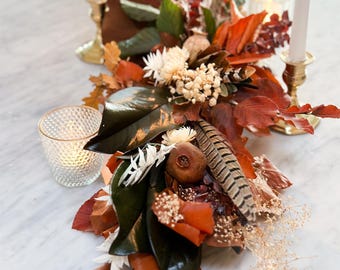 Fall Leaf, Magnolia, and Pheasant Feather Garland/ Table Garland,