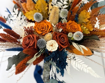 Burnt Orange, Rust + Navy Dried Flower Pampas Grass Bouquet/ Bride and Bridesmaids/ Dried Flower Bouquet/ Wedding Flowers