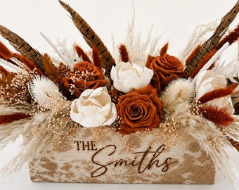 Hair on Hide Cowhide Sweetheart Table  with Dried and Preserved Flowers, Western Wedding , Western Home Decor,  Farmhouse Table Centerpiece