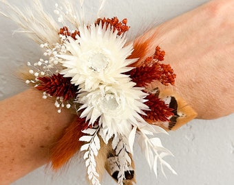 Rust + Terracotta Pheasant Feather Corsage/ Wedding Flowers/ Dried Flowers