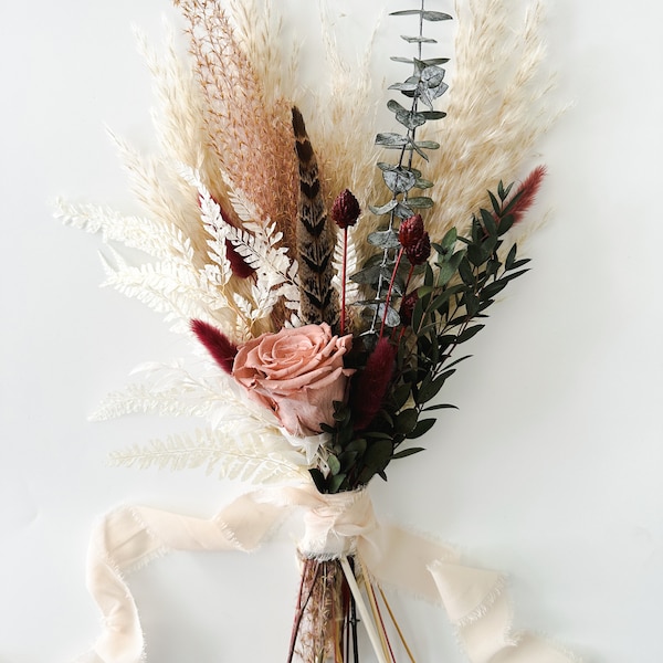 Mini Dusty Rose, Burgundy + Eucalyptus  Pampas Grass Bouquet/ Dried flowers/ Bridesmaids/ Bridal/ Wedding flowers