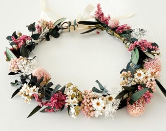 Blush + Pink Wildflower Dried Flower Crown/ Wedding Hair/ Bride and Bridesmaids/ Flower Girl/ Photoshoot