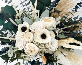 Black and White Anemone + Peony Dried Floral Bouquet/ Bride and
