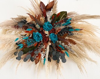Rust, Terracotta, Teal Turquoise Peony Pheasant Feathers Pampas Grass Arch Wall Decor, Backdrop, Dried Flowers, Arbor