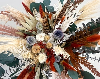 Terracotta, Dusty Blue, Pheasant Feather Bouquet/ Bride and Bridesmaids/ Dried Flower Bouquet/ Wedding Flowers
