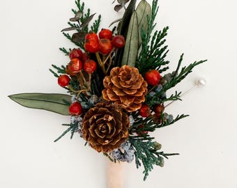 Berry, Cedar + Pine Cone Boutonniere/ Wedding Flowers/ Groom and Groomsmen/ Dried Flowers