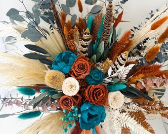 Rust, Terracotta, Teal and Turquoise Dried Flower Bouquet: Wedding Decor. Keepsake Wedding Bouquet