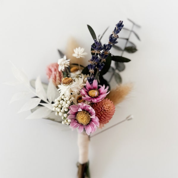 Pink, Lavender + Eucalyptus Wildflower Boutonniere/ Wedding Flowers/ Groom and Groomsmen/ Dried Flowers