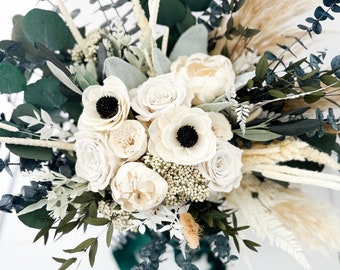 Black and White Anemone + Peony Dried Floral Bouquet/ Bride and Bridesmaids/ Dried Flower Bouquet/ Wedding Flowers