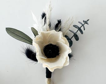 Black and White Anemone and Greenery Boutonniere/ Wedding Flowers/ Groom and Groomsmen