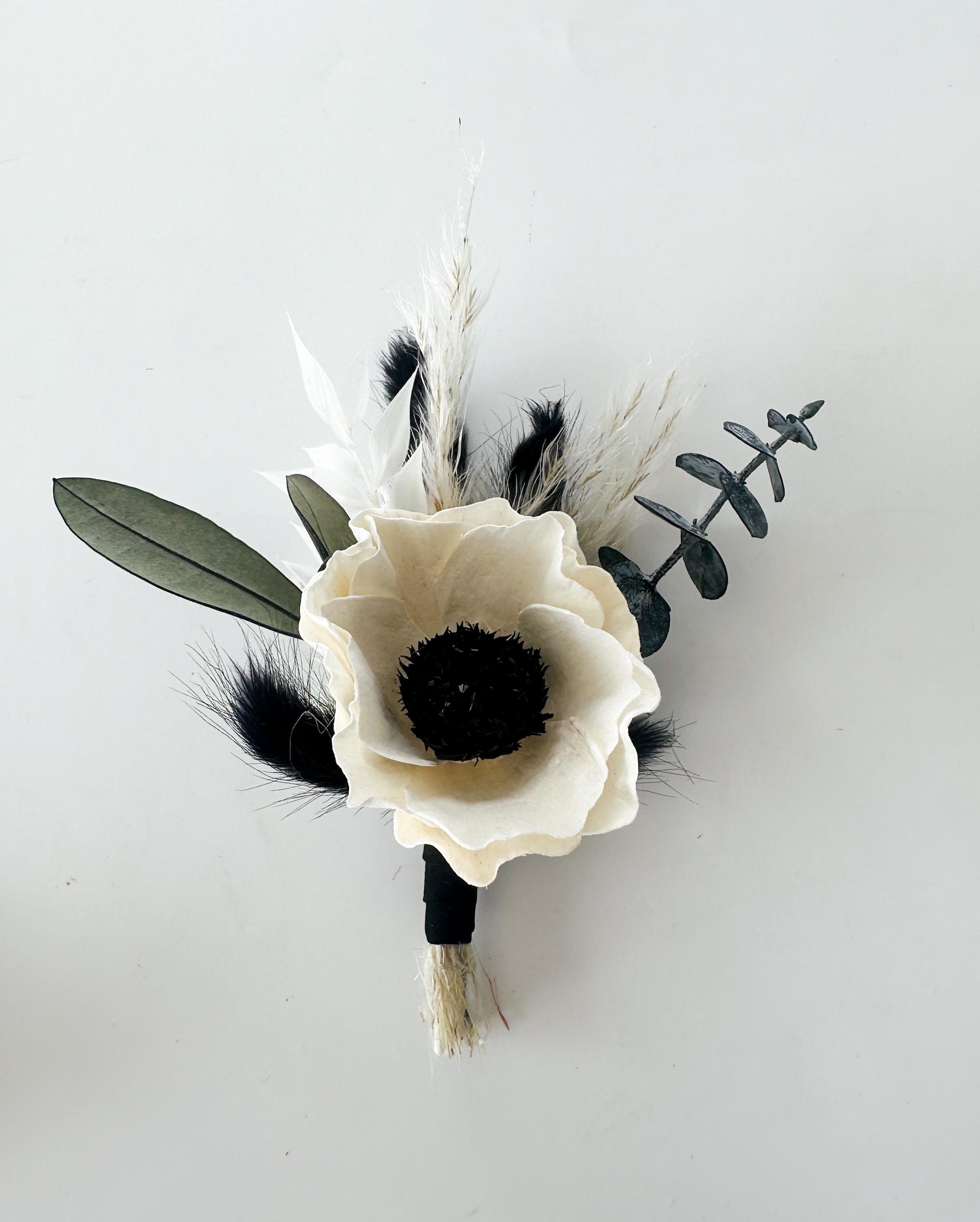 Black and White Anemone and Greenery Boutonniere/ Wedding Flowers