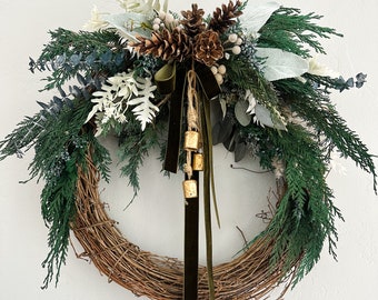 Preserved Cedar + Juniper Farmhouse Christmas Wreath with Bells