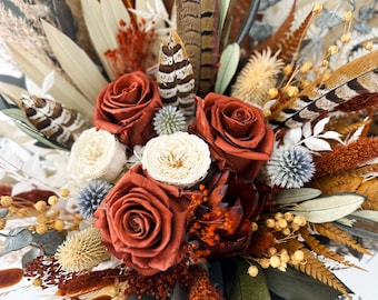 Rust, Dusty Blue + Pheasant Feather Pampas Grass Bouquet/ Bride and Bridesmaids/ Dried Flower Bouquet/ Wedding Flowers
