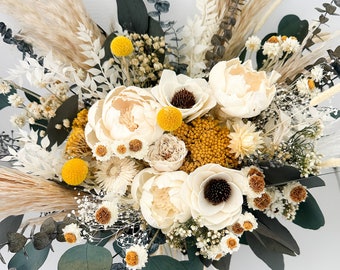 Yellow, Eucalyptus + Anemone Pampas Grass Bouquet/ Bride and Bridesmaids/ Dried Flower Bouquet/ Wedding Flowers