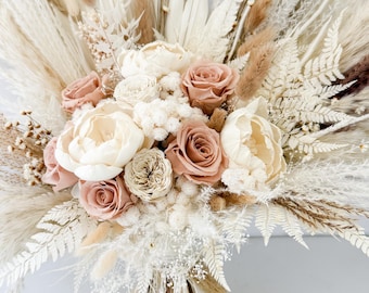 Dusty Pink and Peony Dried Flower Bouquet, Bride & Bridesmaid Set, Keepsake Wedding Bouquet