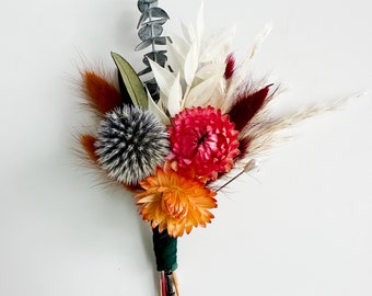 Orange, Dark Pink, Burgundy + Dusty Blue Boutonniere/ Wedding Flowers/ Groom and Groomsmen