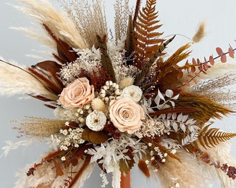 Terracotta + Pheasant Feather Pampas Grass Bouquet/ Bride and Bridesmaids/ Dried Flower Bouquet