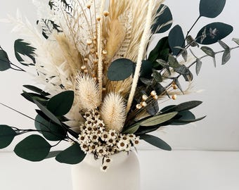 White and Green Pampas Grass and Eucalyptus Centerpiece/ Dried Flower Bouquet/ Home Decor