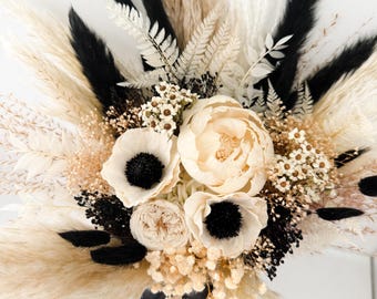 Black and White Dried Flower Bouquet: Sola Peony and Anemone, Pampas Grass, Keepsake Bouquet