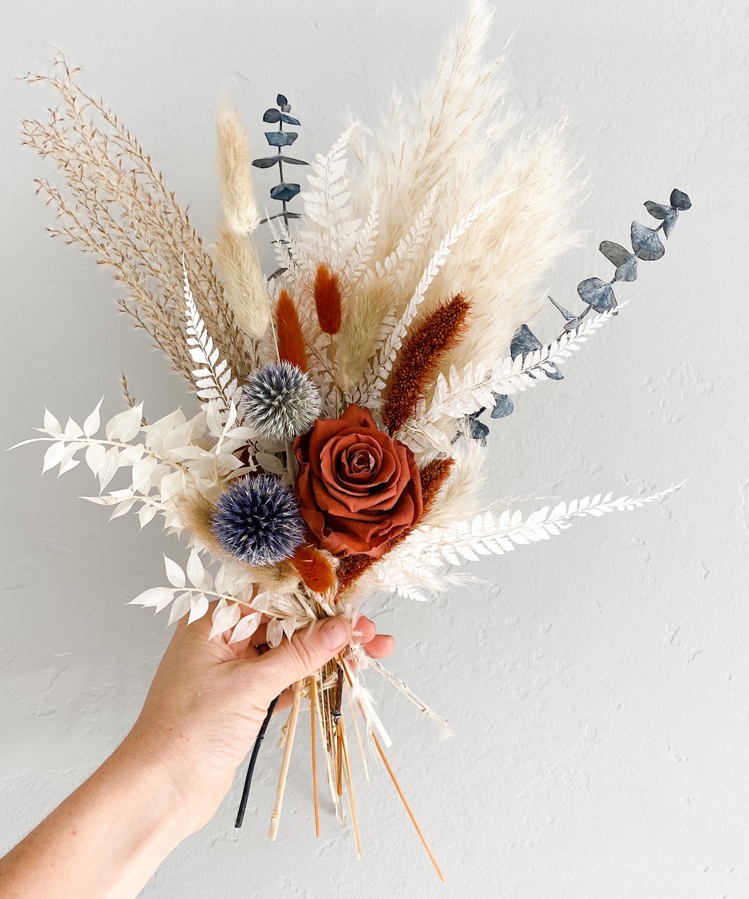 Rust Dusty Blue Dried Flower Bud Vase Arrangement, Wedding Flowers