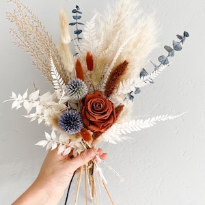 Rust + Dusty Blue Dried Flower Bud Vase Arrangement, Wedding Flowers, Home decor, Dried Flowers
