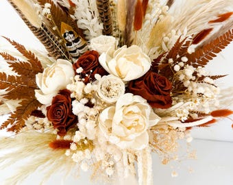 Dried Flower Bouquet, Rust and Terracotta Peony Pheasant Feather Pampas Grass Bouquet/ Bride and Bridesmaids/ Keepsake Wedding Bouquet