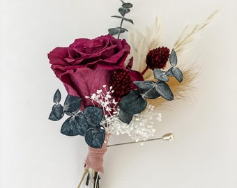 Berry Rose and Eucalyptus Boutonniere/ Wedding Flowers/ Groom and Groomsmen