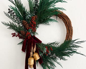Asymmetrical Christmas Wreath: Farmhouse Cedar Juniper Wreath with Bells