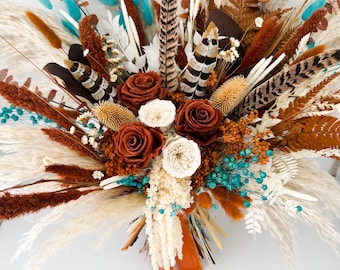 Pheasant Feather Dried Flower Bouquet, Rust, Terracotta and Teal  Rustic Wedding Decor, Keepsake Wedding Bouquet