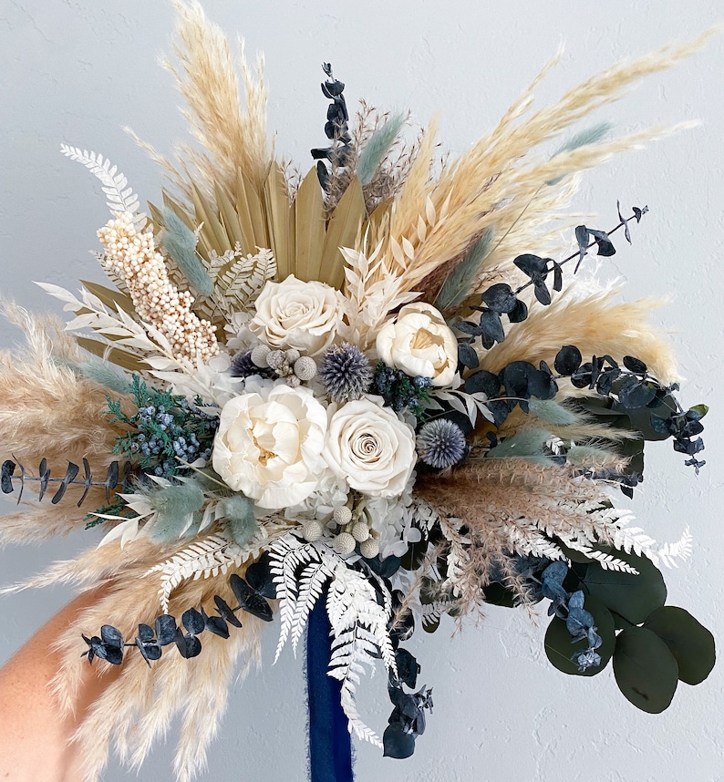 Dusty Blue White Peony Pampas Grass Bouquet - Etsy