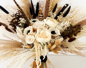 Dried Flower Bouquet: Black and White, Mocha Pheasant Feather