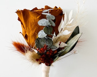Terracotta + Rust Eucalyptus Dried Flower Boutonniere/ Wedding Flowers/ Groom and Groomsmen