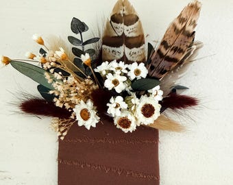 Mocha Wildflower + Pheasant Feather Dried Flower Pocket Boutonniere/ Wedding Flowers/ Groom and Groomsmen/ Dried Flowers