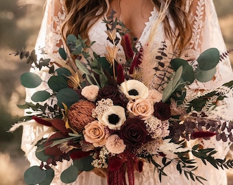 Dried Flower Bouquet, Dusty Pink and Burgundy Anemone Eucalyptus Pampas Grass Bouquet/ Keepsake Wedding Bouquet