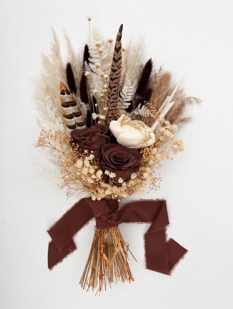 Brown Mocha, Peony and Rose Dried Floral Bouquet/ Bride and