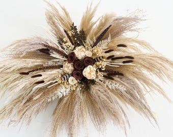 Mocha Brown Chocolate Peony Pheasant Feathers Pampas Grass Arch Wall Decor, Backdrop, Dried Flowers, Arbor