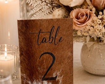 Genuine Cowhide Wedding Table Number | Laser Engraved Hair on Hide Rustic Western Wedding Decor
