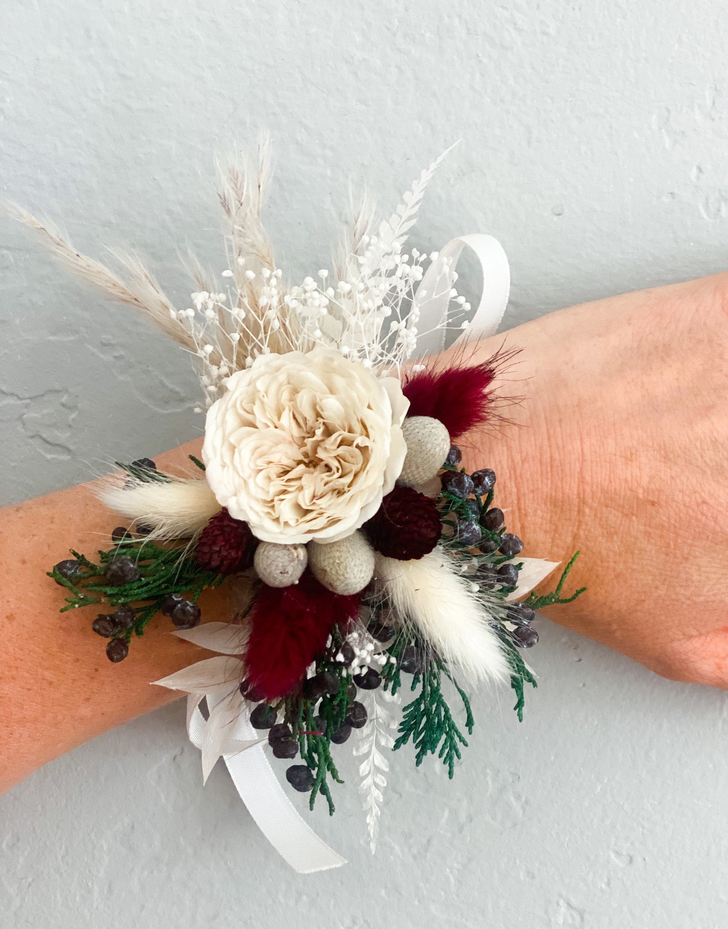 Autumn Orange & Blue Wrist Corsage - Dried Flowers Forever