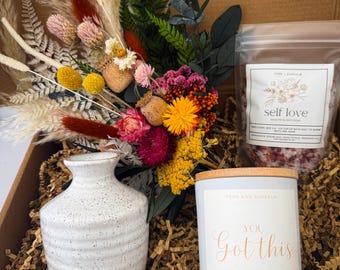 Gift Box: Encouragement, Motiviational, Thinking of You, New Job, You Got This Box with Candle, Bath Salts, Small Dried Flower Arrangement.