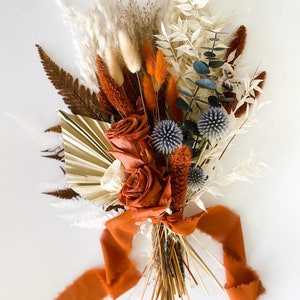 Small Rust Rose + Dusty Blue Bouquet/ Bride and Bridesmaids/ Dried Flower Bouquet/ Wedding Flowers