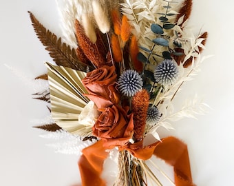 Small Rust Rose + Dusty Blue Bouquet/ Bride and Bridesmaids/ Dried Flower Bouquet/ Wedding Flowers